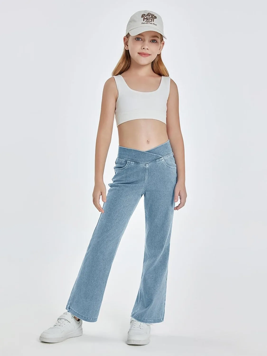 Haloumoning Girls Crossover Flare Jeans Stretchy Bootcut Yoga Pants Bell Bottoms with Pockets