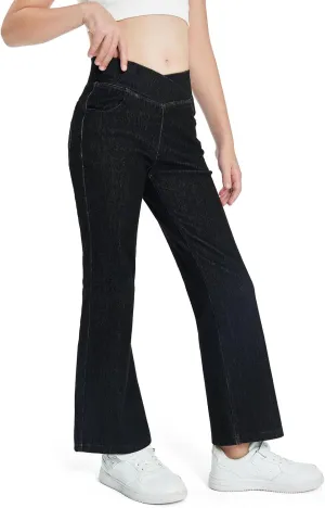 Haloumoning Girls Crossover Flare Jeans Stretchy Bootcut Yoga Pants Bell Bottoms with Pockets
