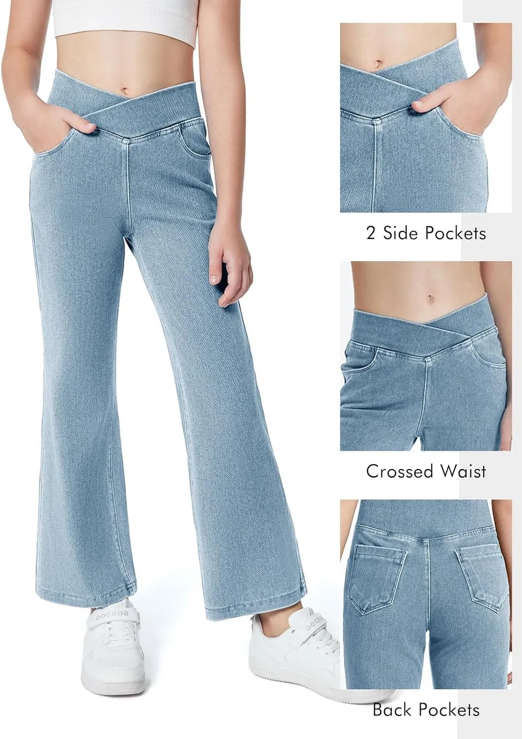 Haloumoning Girls Crossover Flare Jeans Stretchy Bootcut Yoga Pants Bell Bottoms with Pockets