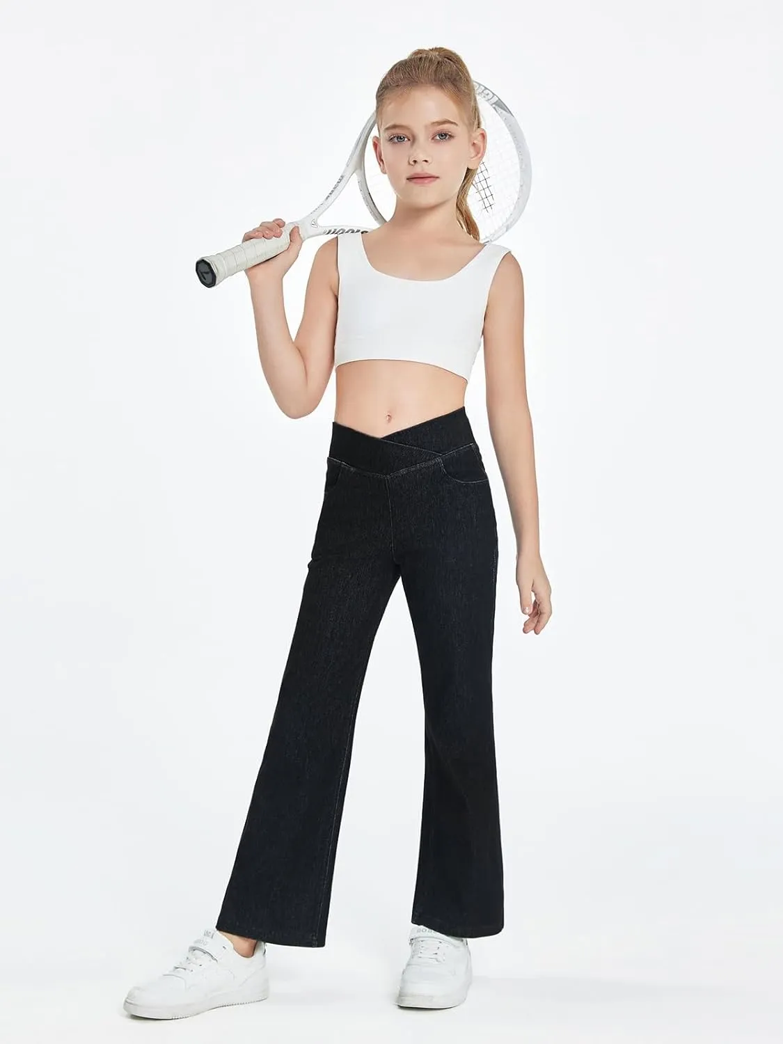 Haloumoning Girls Crossover Flare Jeans Stretchy Bootcut Yoga Pants Bell Bottoms with Pockets