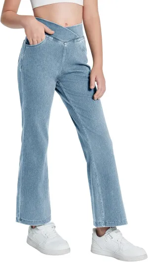 Haloumoning Girls Crossover Flare Jeans Stretchy Bootcut Yoga Pants Bell Bottoms with Pockets