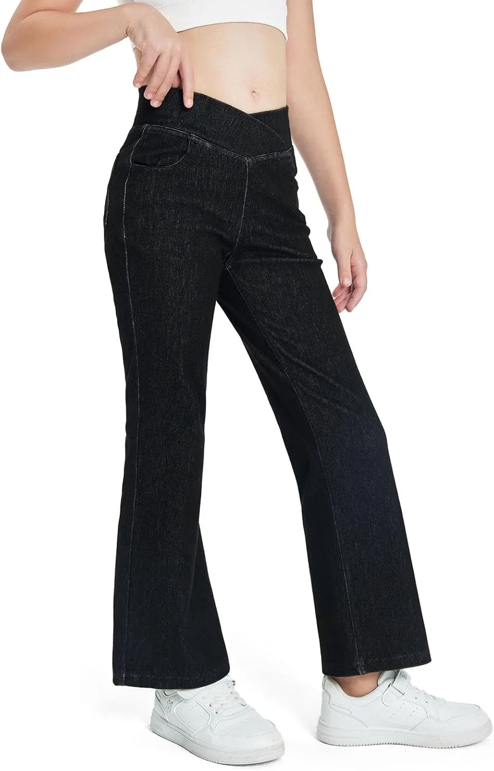 Haloumoning Girls Crossover Flare Jeans Stretchy Bootcut Yoga Pants Bell Bottoms with Pockets