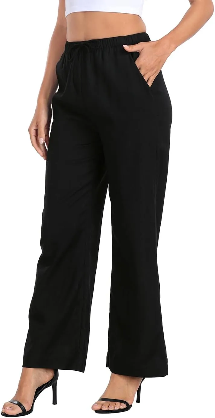 HDE Women's Linen Drawstring Pants Wide Leg Casual Palazzo Trouser with Pockets
