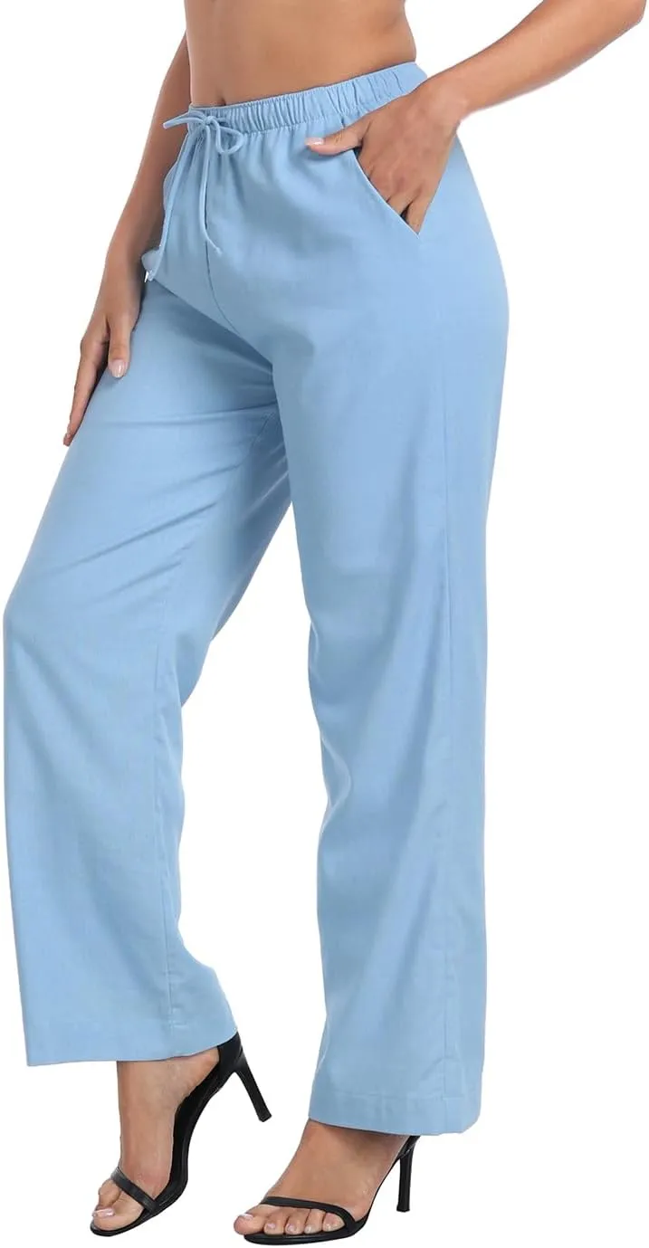 HDE Women's Linen Drawstring Pants Wide Leg Casual Palazzo Trouser with Pockets