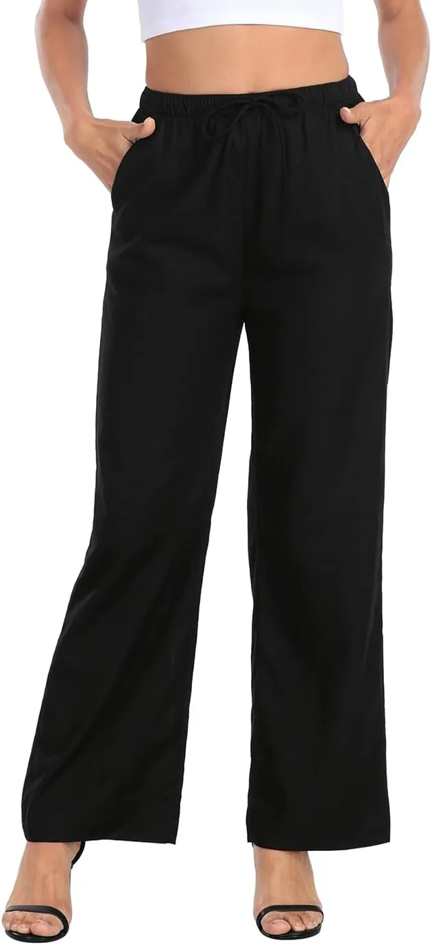 HDE Women's Linen Drawstring Pants Wide Leg Casual Palazzo Trouser with Pockets