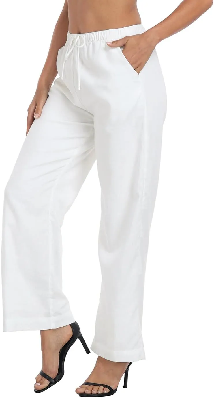 HDE Women's Linen Drawstring Pants Wide Leg Casual Palazzo Trouser with Pockets