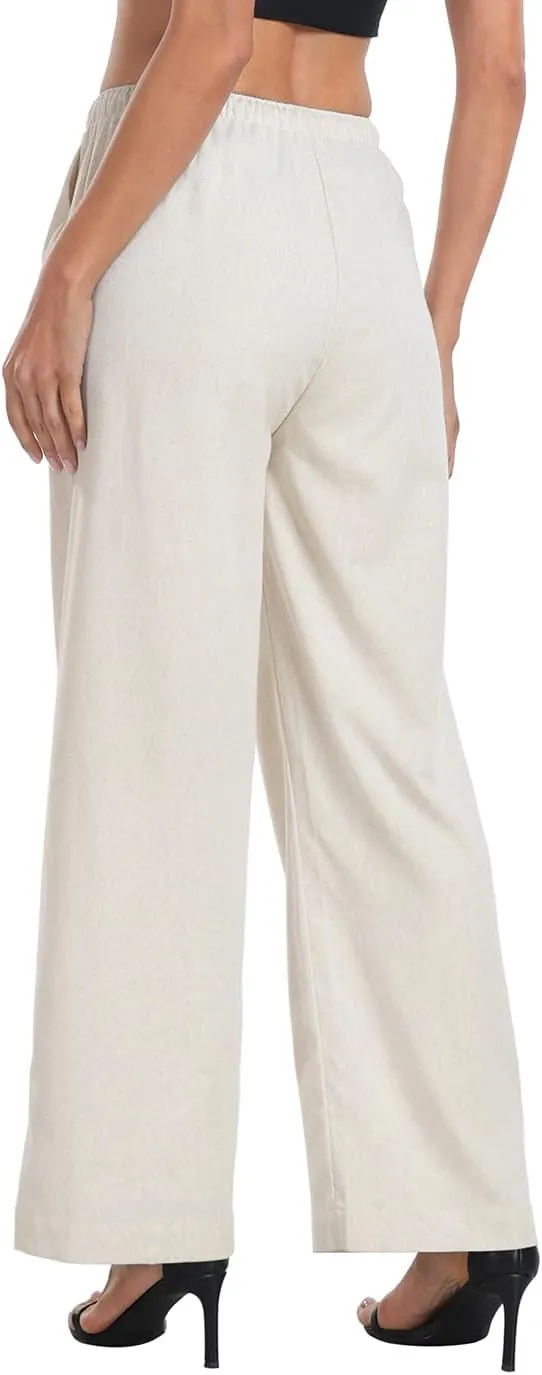 HDE Women's Linen Drawstring Pants Wide Leg Casual Palazzo Trouser with Pockets