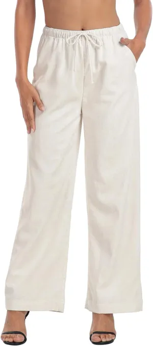 HDE Women's Linen Drawstring Pants Wide Leg Casual Palazzo Trouser with Pockets