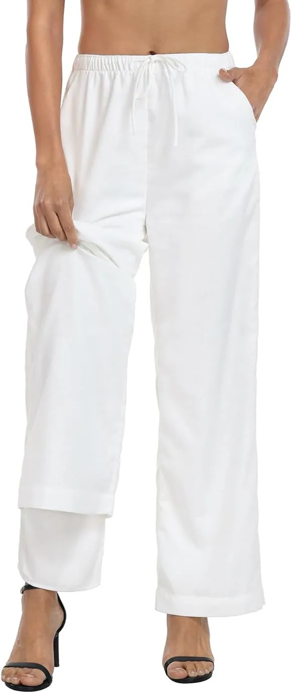 HDE Women's Linen Drawstring Pants Wide Leg Casual Palazzo Trouser with Pockets