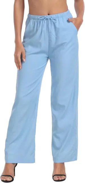 HDE Women's Linen Drawstring Pants Wide Leg Casual Palazzo Trouser with Pockets