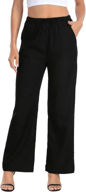 HDE Women's Linen Drawstring Pants Wide Leg Casual Palazzo Trouser with Pockets