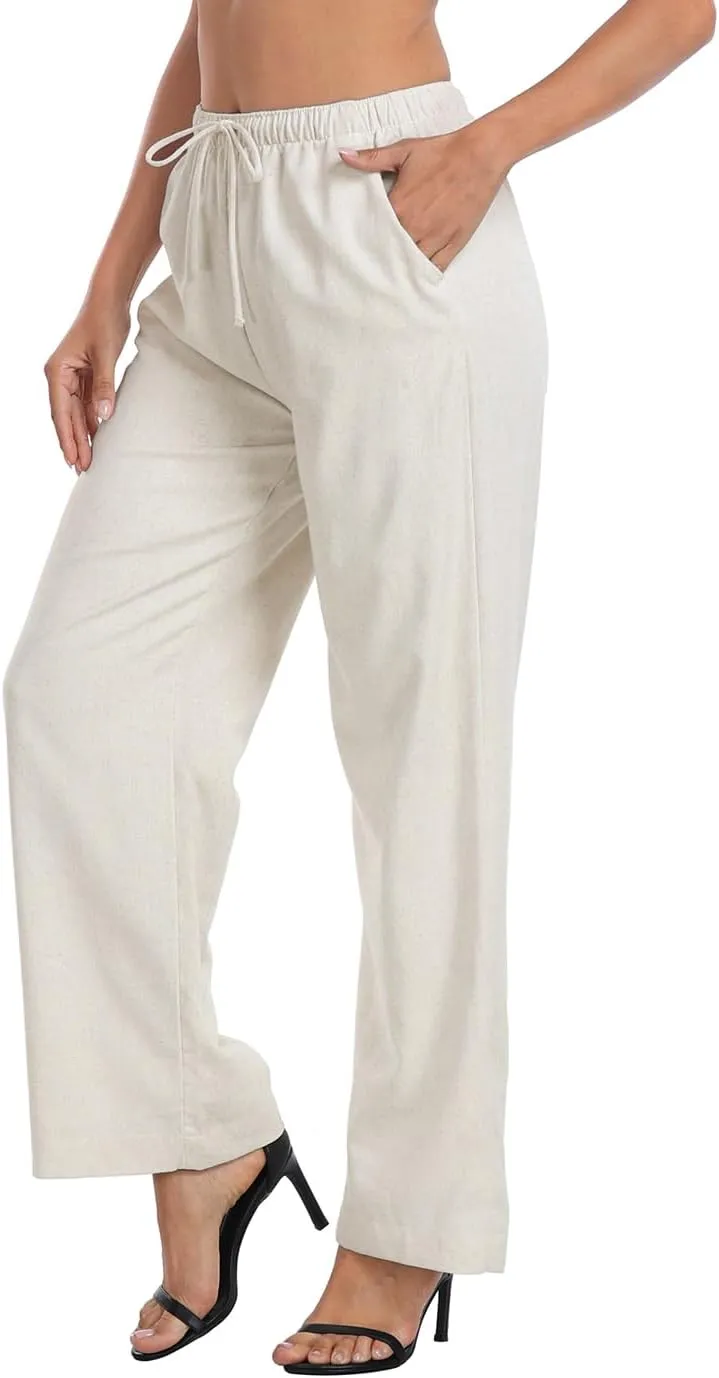 HDE Women's Linen Drawstring Pants Wide Leg Casual Palazzo Trouser with Pockets