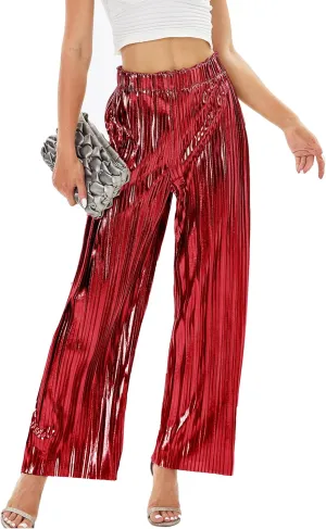 heipeiwa Women's Shiny Pleated Wide Leg Pants Party Nightout High Elastic Waist Trouser Outfit Clubwear