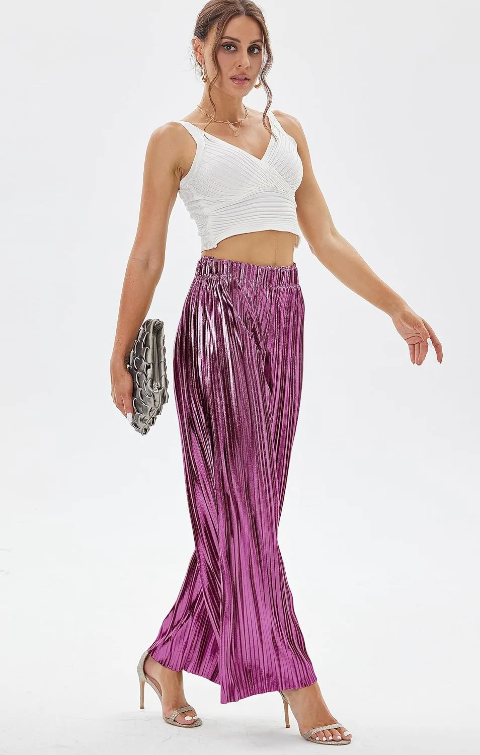heipeiwa Women's Shiny Pleated Wide Leg Pants Party Nightout High Elastic Waist Trouser Outfit Clubwear