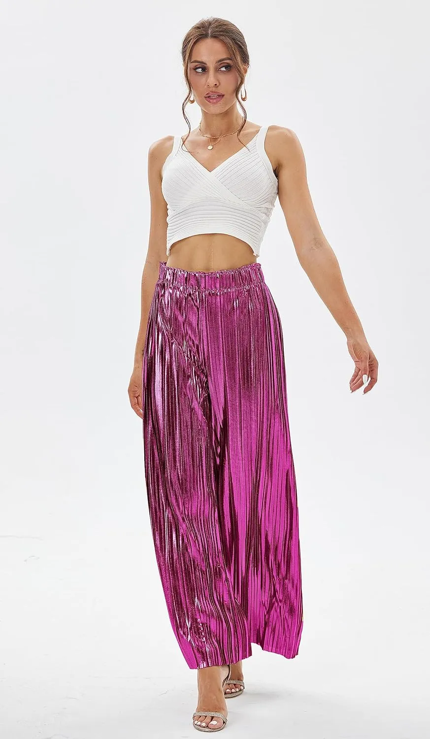 heipeiwa Women's Shiny Pleated Wide Leg Pants Party Nightout High Elastic Waist Trouser Outfit Clubwear