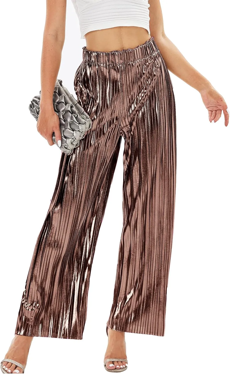 heipeiwa Women's Shiny Pleated Wide Leg Pants Party Nightout High Elastic Waist Trouser Outfit Clubwear