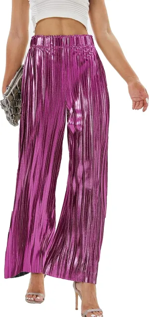 heipeiwa Women's Shiny Pleated Wide Leg Pants Party Nightout High Elastic Waist Trouser Outfit Clubwear