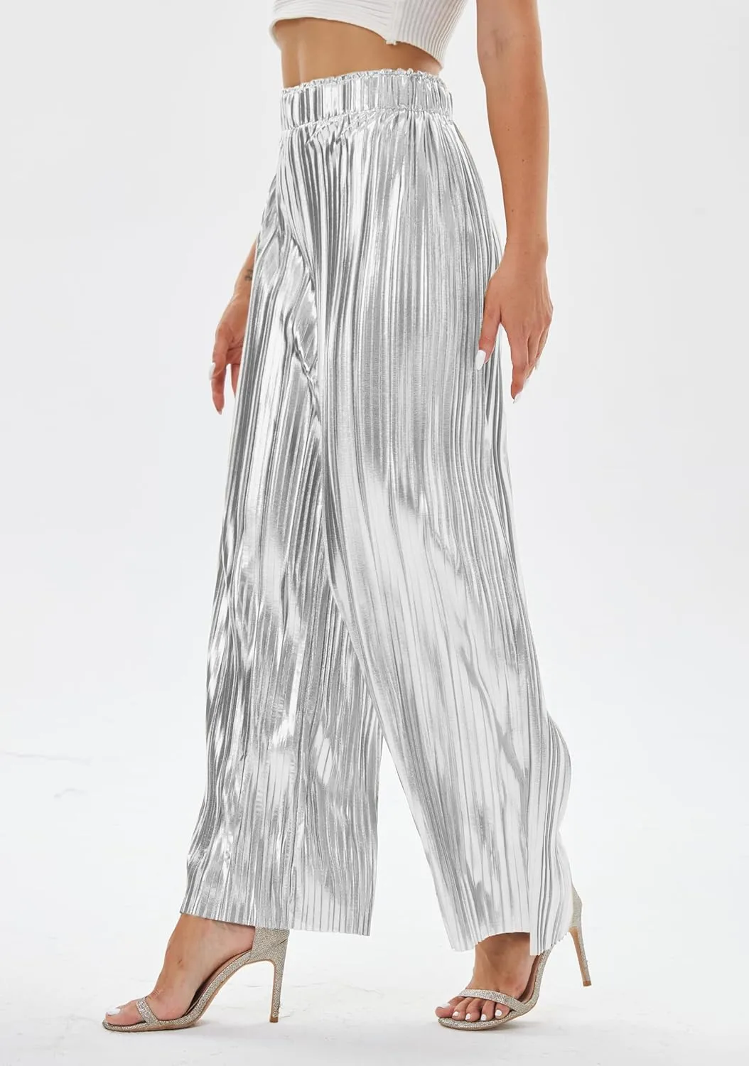 heipeiwa Women's Shiny Pleated Wide Leg Pants Party Nightout High Elastic Waist Trouser Outfit Clubwear