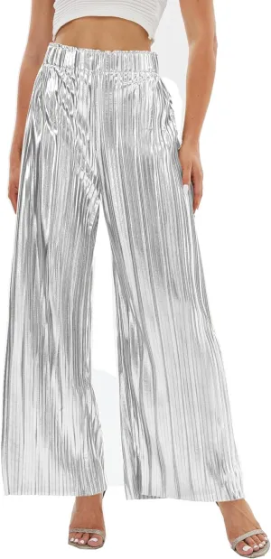 heipeiwa Women's Shiny Pleated Wide Leg Pants Party Nightout High Elastic Waist Trouser Outfit Clubwear