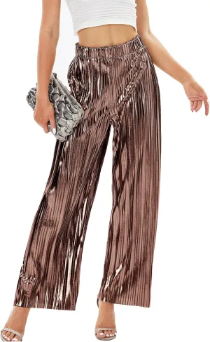 heipeiwa Women's Shiny Pleated Wide Leg Pants Party Nightout High Elastic Waist Trouser Outfit Clubwear