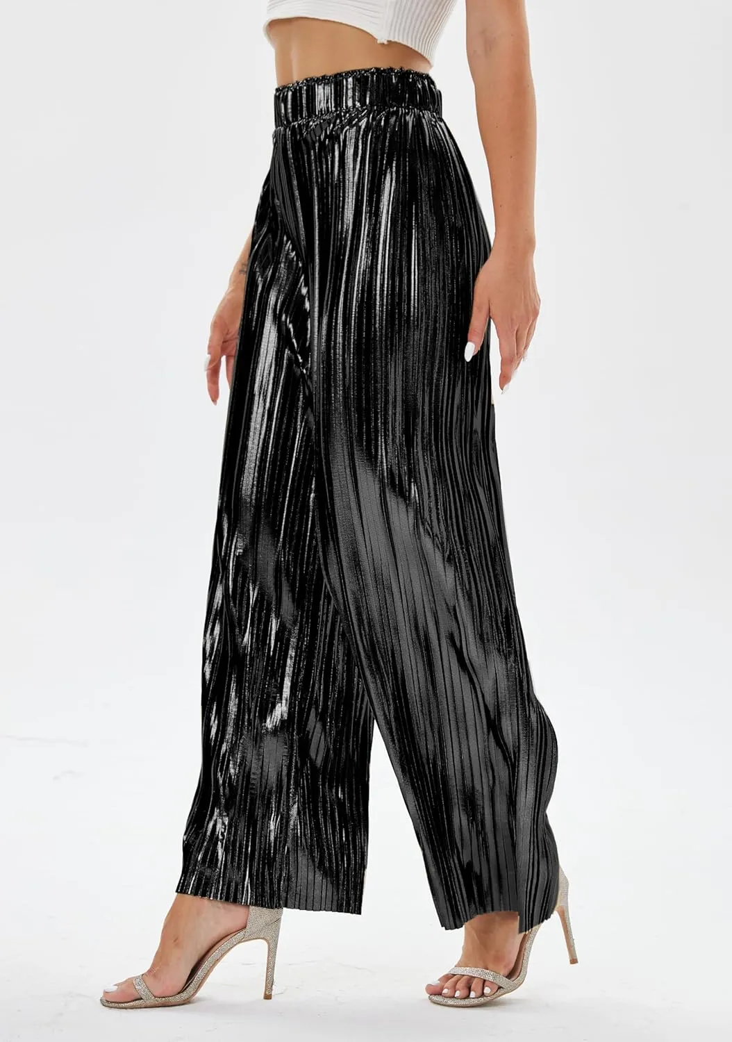 heipeiwa Women's Shiny Pleated Wide Leg Pants Party Nightout High Elastic Waist Trouser Outfit Clubwear