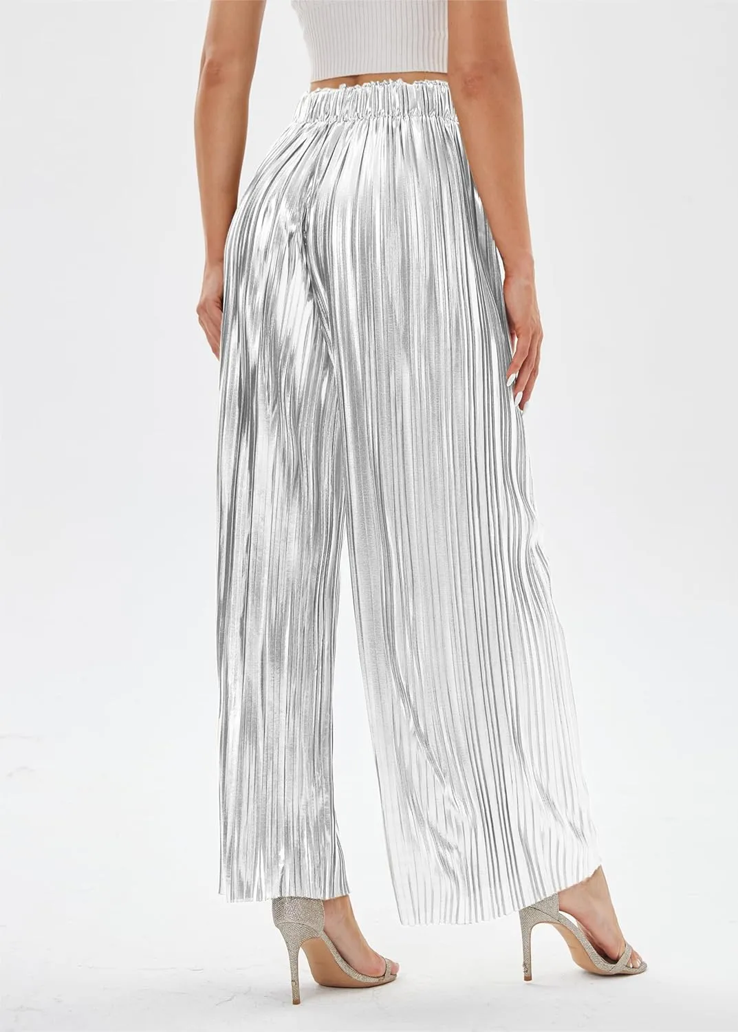 heipeiwa Women's Shiny Pleated Wide Leg Pants Party Nightout High Elastic Waist Trouser Outfit Clubwear
