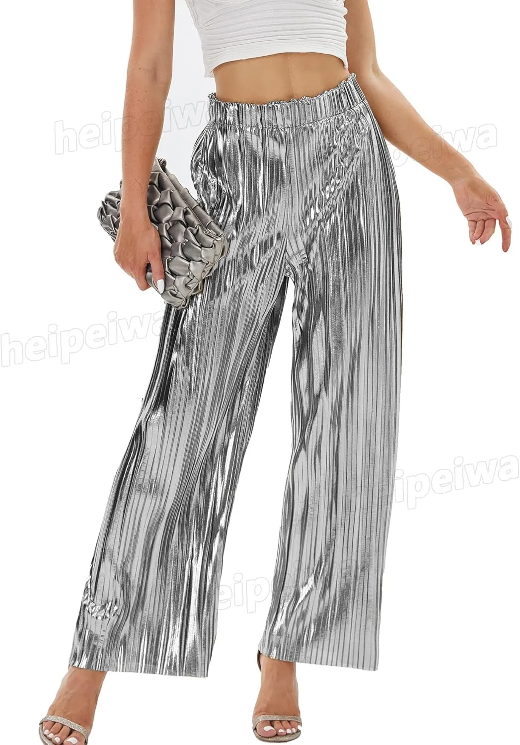 heipeiwa Women's Shiny Pleated Wide Leg Pants Party Nightout High Elastic Waist Trouser Outfit Clubwear
