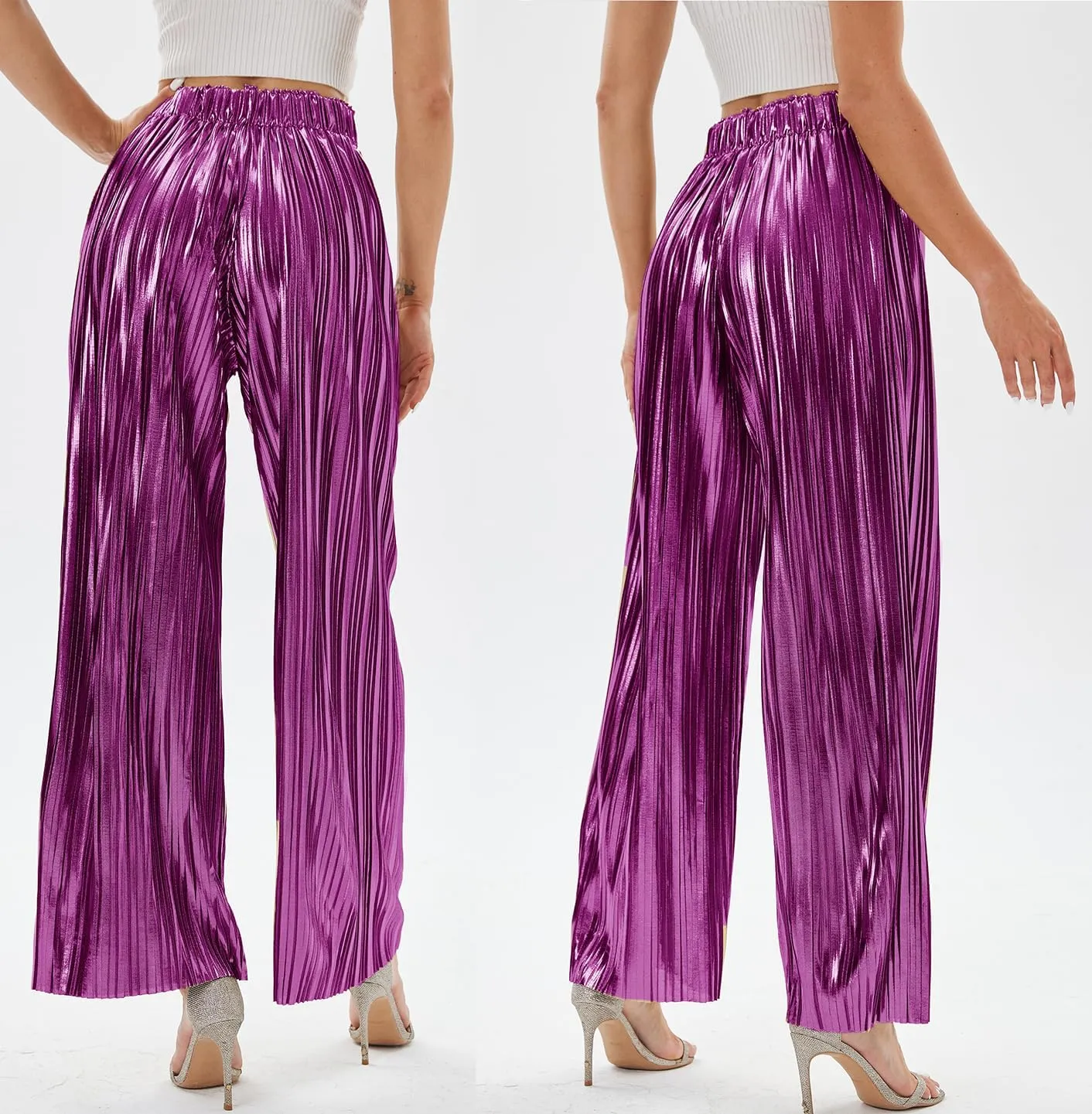 heipeiwa Women's Shiny Pleated Wide Leg Pants Party Nightout High Elastic Waist Trouser Outfit Clubwear