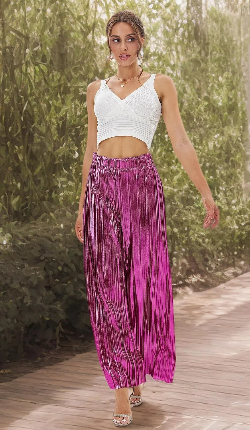 heipeiwa Women's Shiny Pleated Wide Leg Pants Party Nightout High Elastic Waist Trouser Outfit Clubwear