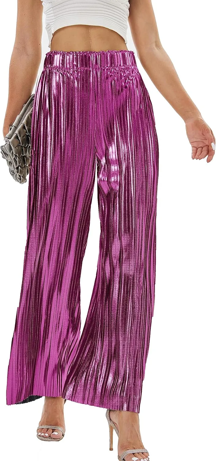 heipeiwa Women's Shiny Pleated Wide Leg Pants Party Nightout High Elastic Waist Trouser Outfit Clubwear