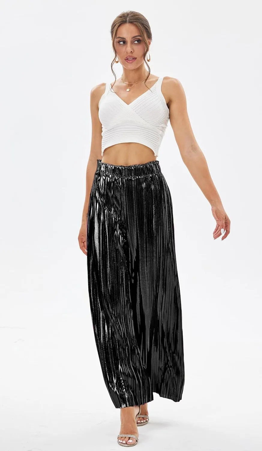 heipeiwa Women's Shiny Pleated Wide Leg Pants Party Nightout High Elastic Waist Trouser Outfit Clubwear