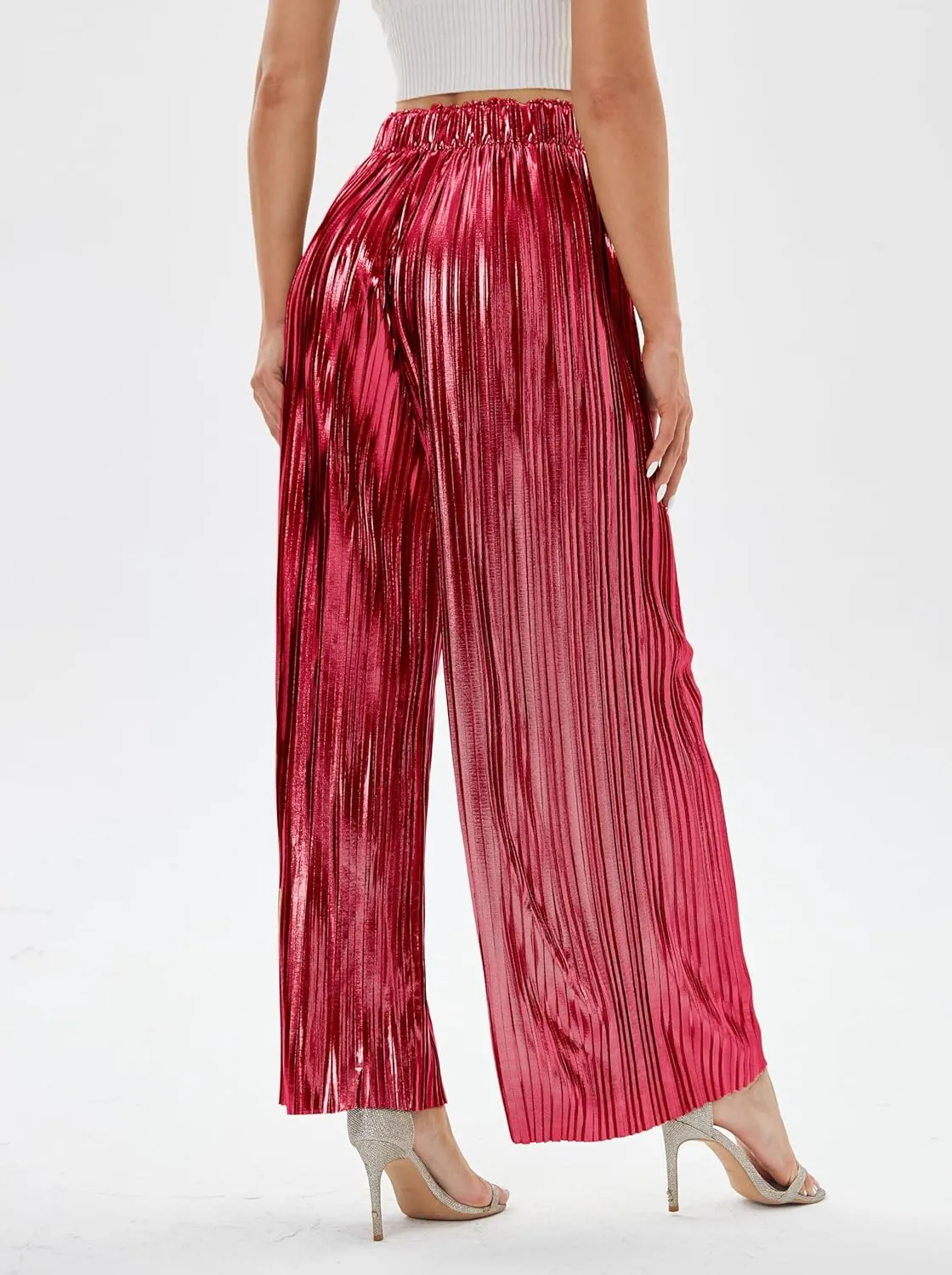 heipeiwa Women's Shiny Pleated Wide Leg Pants Party Nightout High Elastic Waist Trouser Outfit Clubwear