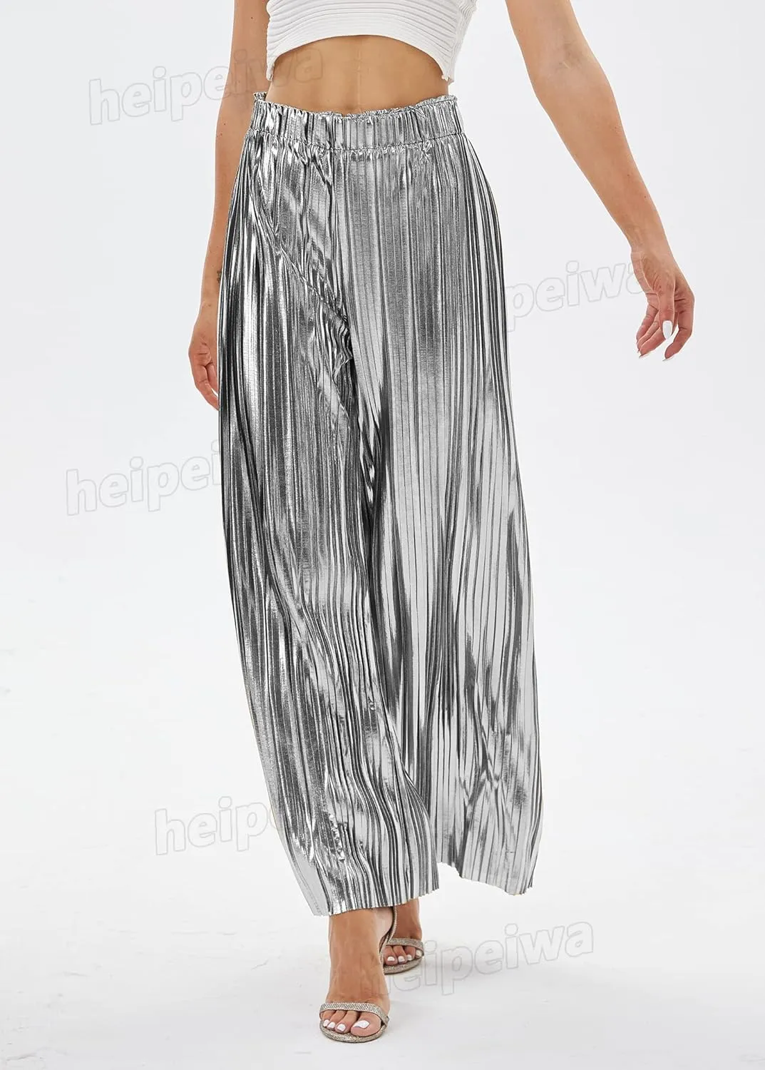heipeiwa Women's Shiny Pleated Wide Leg Pants Party Nightout High Elastic Waist Trouser Outfit Clubwear
