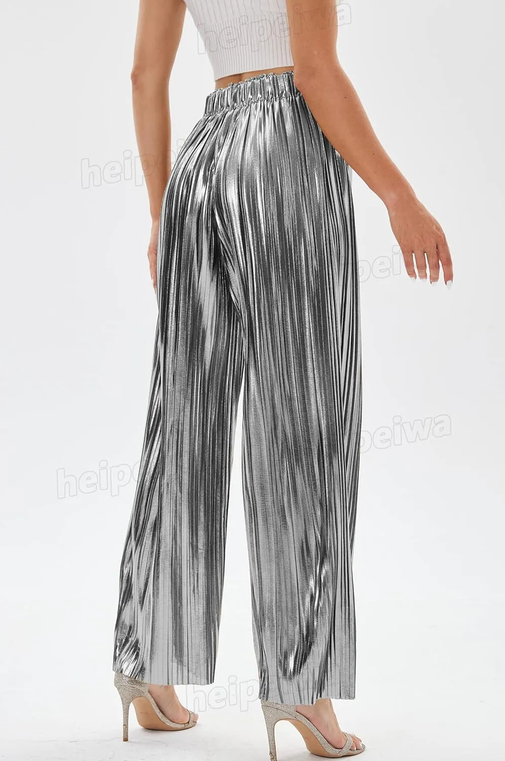 heipeiwa Women's Shiny Pleated Wide Leg Pants Party Nightout High Elastic Waist Trouser Outfit Clubwear