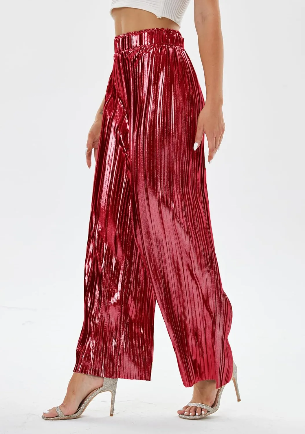 heipeiwa Women's Shiny Pleated Wide Leg Pants Party Nightout High Elastic Waist Trouser Outfit Clubwear