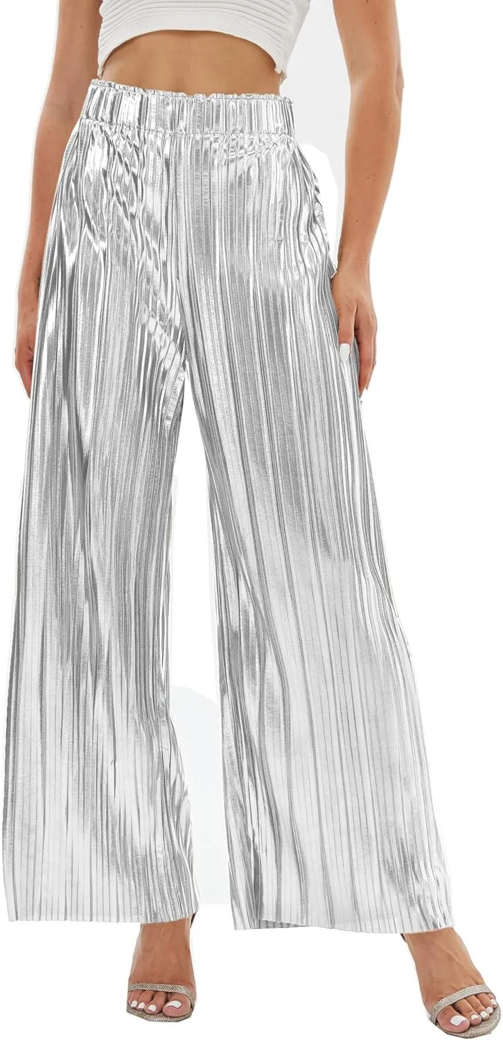 heipeiwa Women's Shiny Pleated Wide Leg Pants Party Nightout High Elastic Waist Trouser Outfit Clubwear