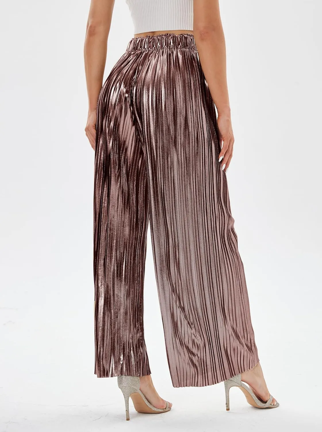 heipeiwa Women's Shiny Pleated Wide Leg Pants Party Nightout High Elastic Waist Trouser Outfit Clubwear