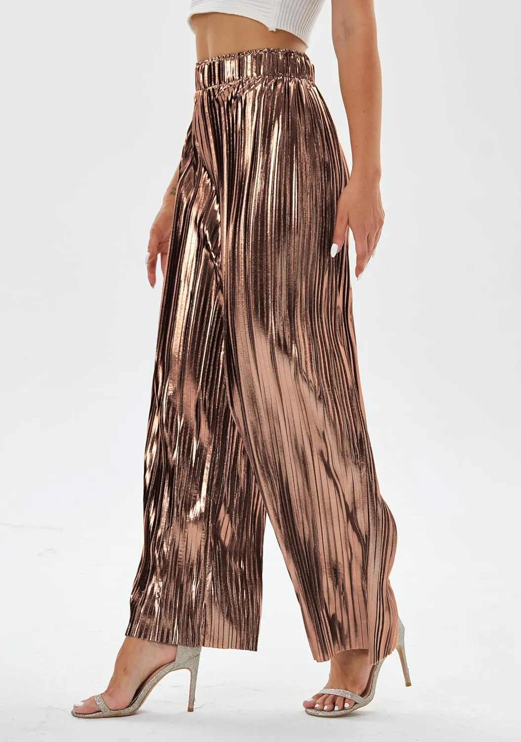 heipeiwa Women's Shiny Pleated Wide Leg Pants Party Nightout High Elastic Waist Trouser Outfit Clubwear