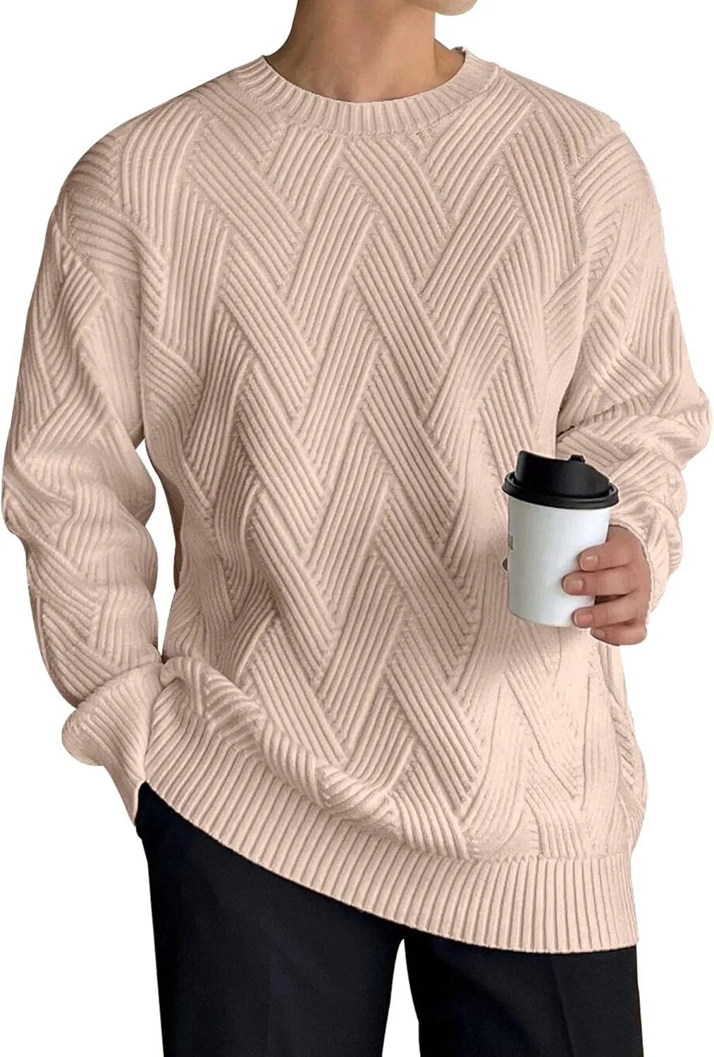 HOTake Men's Crewneck Sweaters Casual Textured Pullover Sweaters with Diagonal Jacquard Pattern