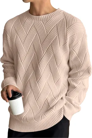 HOTake Men's Crewneck Sweaters Casual Textured Pullover Sweaters with Diagonal Jacquard Pattern