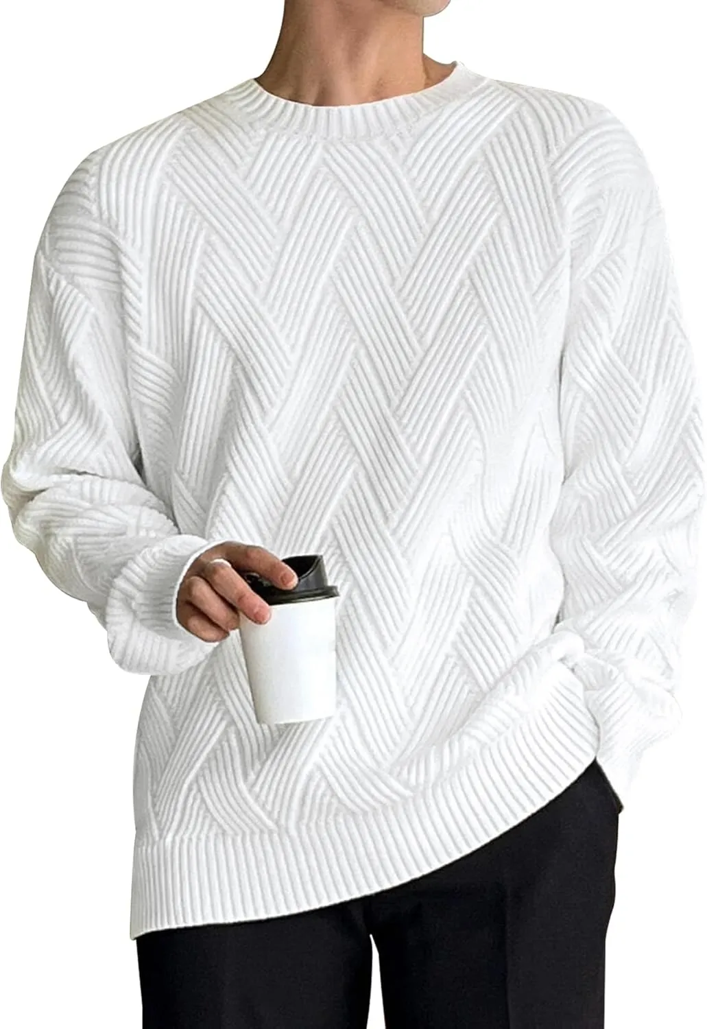 HOTake Men's Crewneck Sweaters Casual Textured Pullover Sweaters with Diagonal Jacquard Pattern