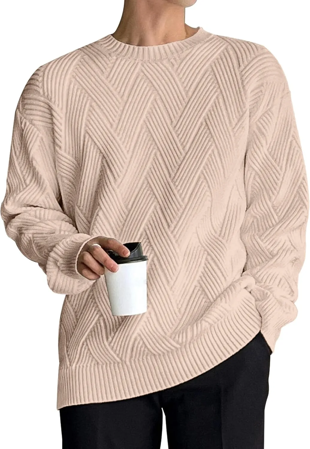 HOTake Men's Crewneck Sweaters Casual Textured Pullover Sweaters with Diagonal Jacquard Pattern