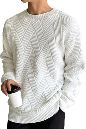 HOTake Men's Crewneck Sweaters Casual Textured Pullover Sweaters with Diagonal Jacquard Pattern