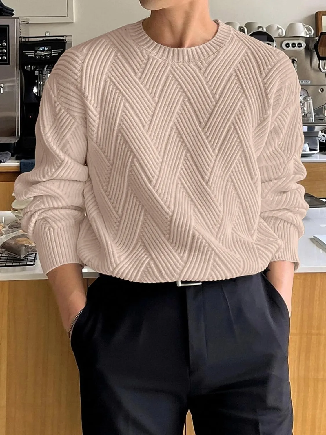 HOTake Men's Crewneck Sweaters Casual Textured Pullover Sweaters with Diagonal Jacquard Pattern