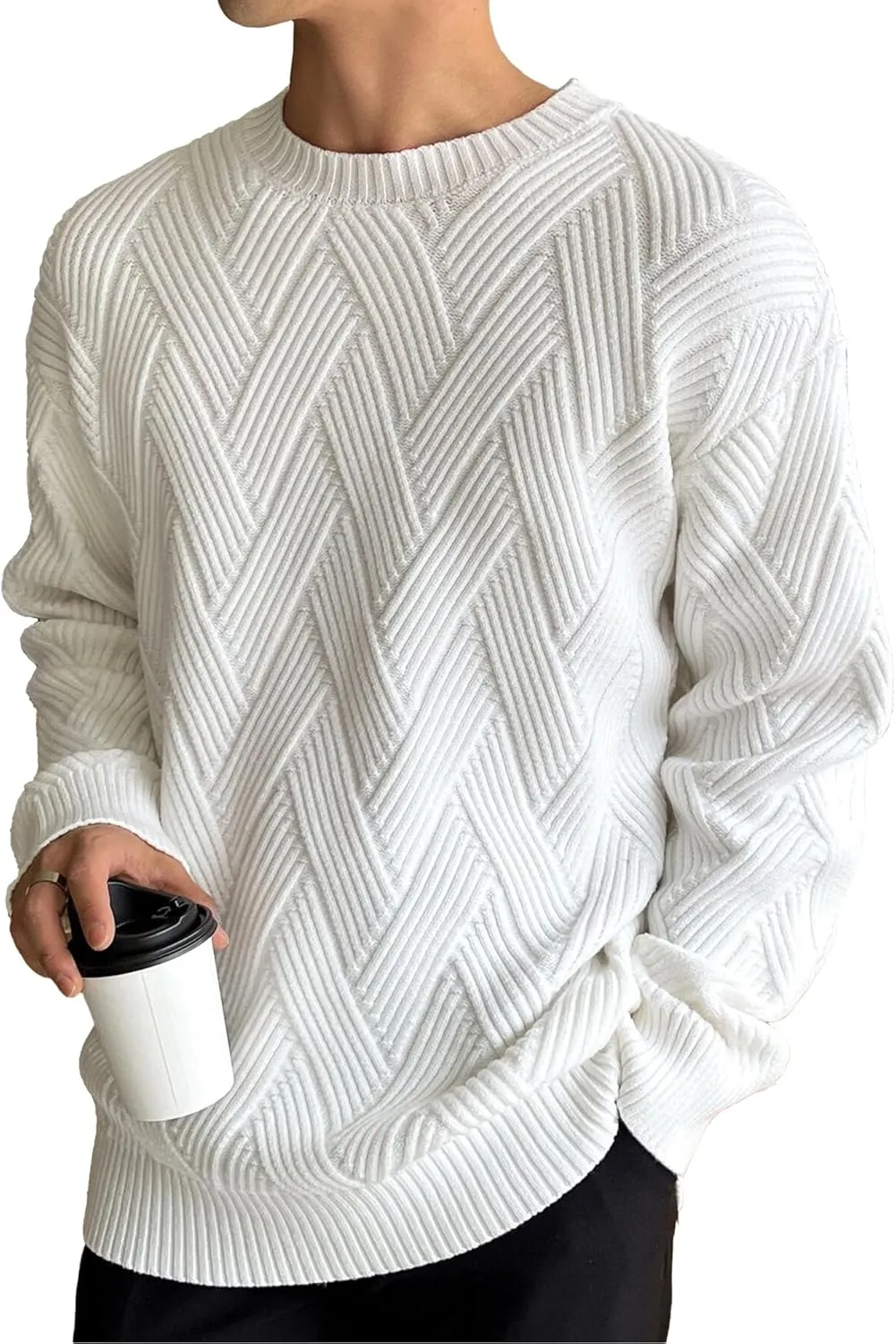 HOTake Men's Crewneck Sweaters Casual Textured Pullover Sweaters with Diagonal Jacquard Pattern