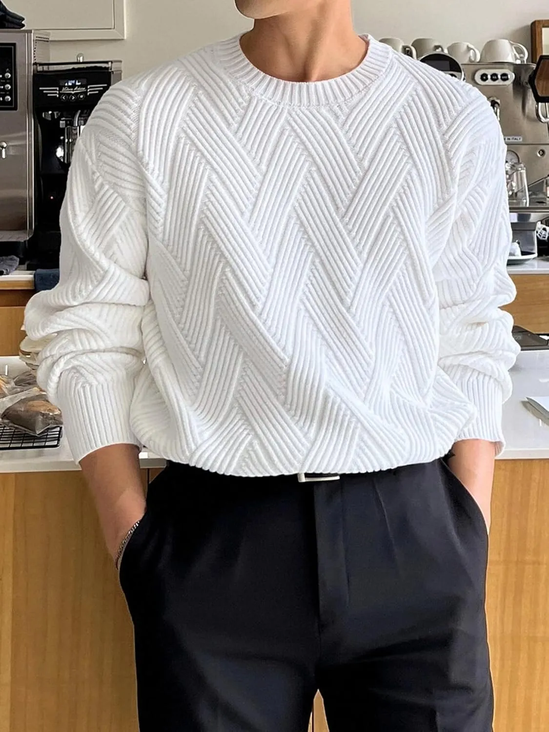 HOTake Men's Crewneck Sweaters Casual Textured Pullover Sweaters with Diagonal Jacquard Pattern