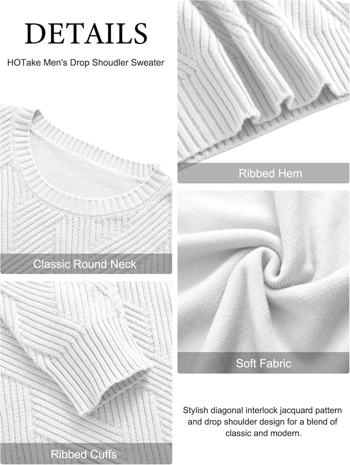 HOTake Men's Crewneck Sweaters Casual Textured Pullover Sweaters with Diagonal Jacquard Pattern