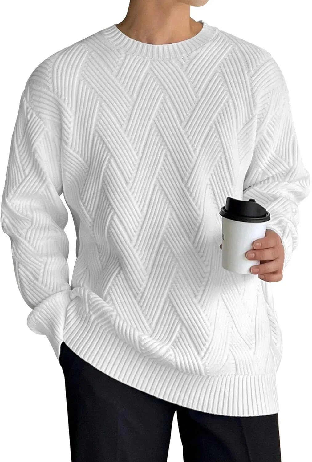 HOTake Men's Crewneck Sweaters Casual Textured Pullover Sweaters with Diagonal Jacquard Pattern
