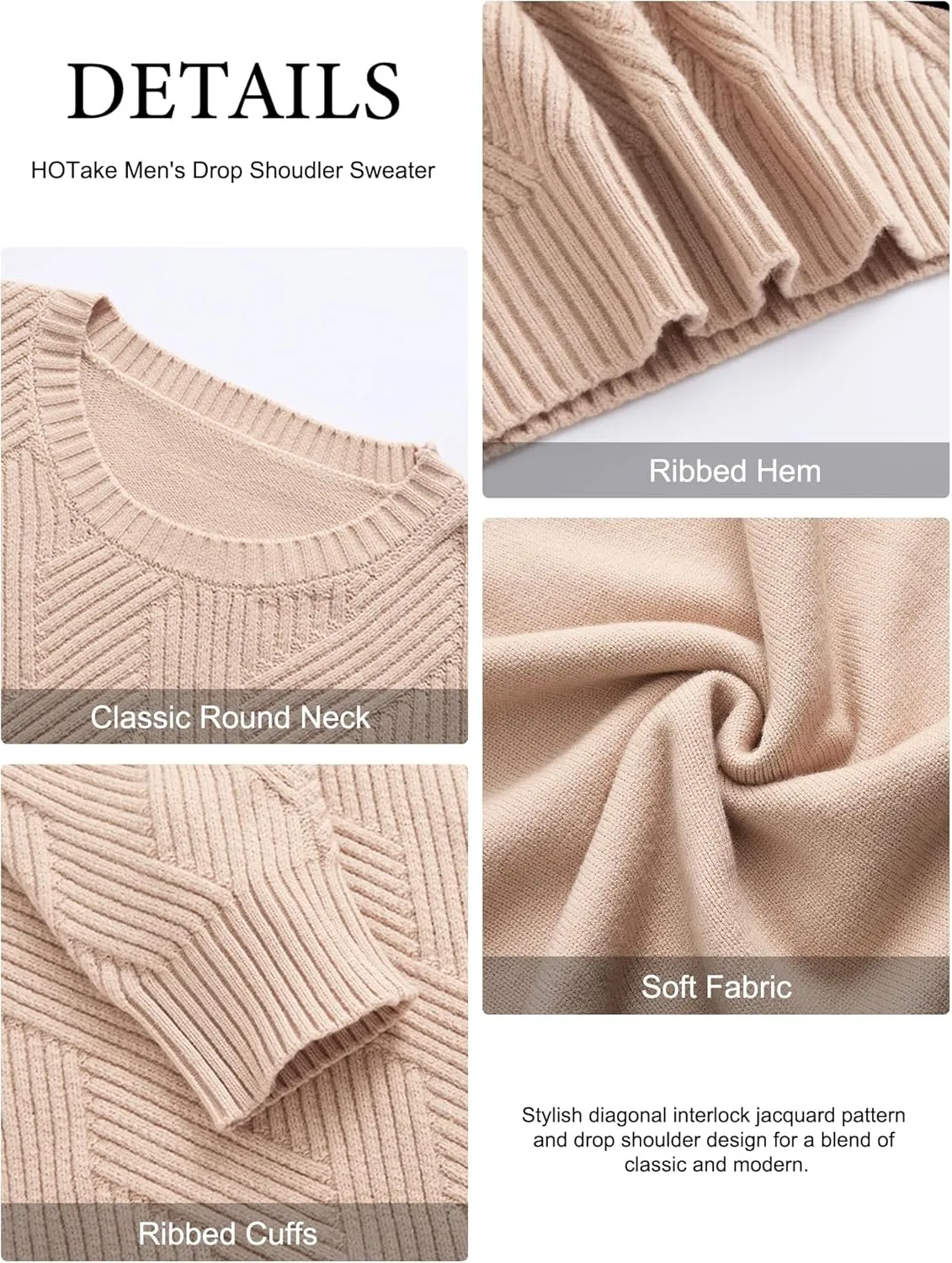 HOTake Men's Crewneck Sweaters Casual Textured Pullover Sweaters with Diagonal Jacquard Pattern