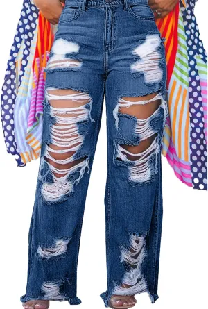 HuiSiFang Women's Ripped Jeans High Waisted Straight Wide Leg Cut Out Destroyed Frayed Tassel Jeans Distressed Baggy Jeans